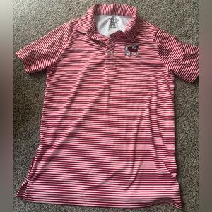 Striped Red and White Polo with Bulldog Patch